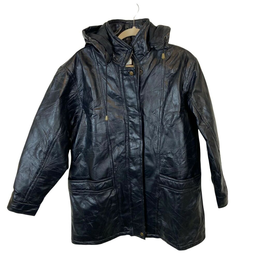 Parka Jacket Vintage CW Classics Black Lightweight Genuine Leather Hooded SZ L